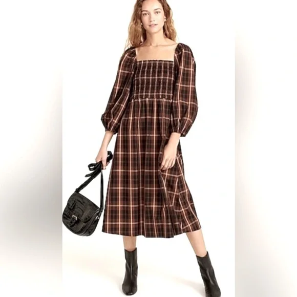 J.Crew Smocked Puff-sleeve Dress in Friday Plaid - Picture 1 of 7